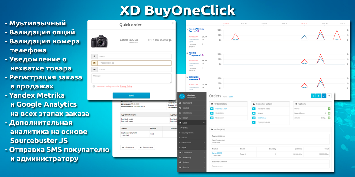 Opencart - Быстрый заказ («Buy one click») с опциями, целями Яндекс и Google + бесплатные SMS!